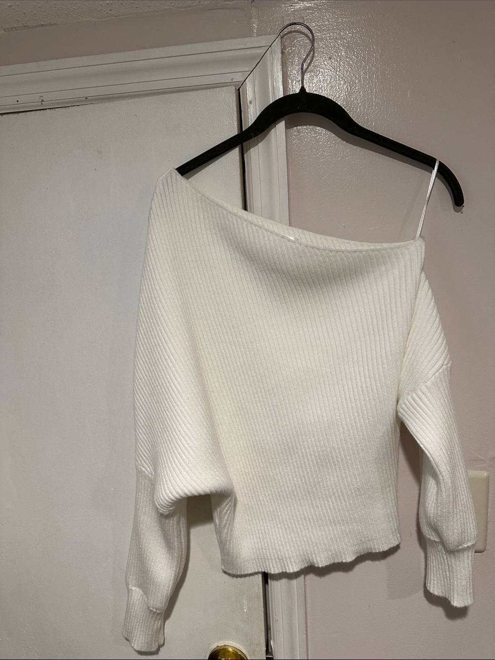 Line & Dot Cream Off-Shoulder Ribbed Sweater